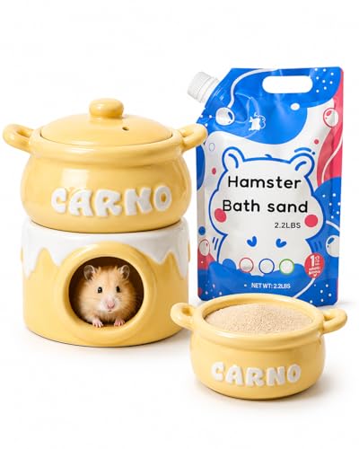 Meow&Woof Ceramic Hamster Hideout & Natural Desert Bath Sand Set, 4-in-1 Cooling Ceramic Cave with 2.2 lb Unscented Low-Dust BathSand, Small Animal House, Bowl and Daily Care Set