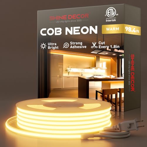 Shine Decor COB LED Rope Light AC 120V, 800lm Ultra Bright, IP65 Waterproof Cold-Resistant ETL Neon Strip, No Driver Tape Lighting for Home Commercial 10x4.5mm, 2800K Warm White, 98.4ft - color: 2800K Warm White, size: 98.4 ft