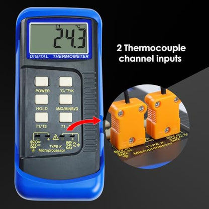 Thermocouple Thermometer Digital K Type Dual Channel Thermometer HVAC Temperature Meter with 4 Thermocouples, MAX/MIN/AVG Temperature Measurement, -50~1300°C (-58~2372°F)