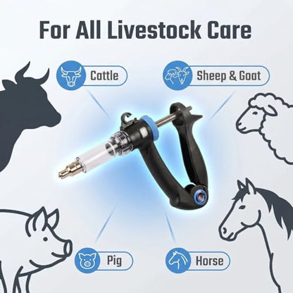 2-in-1 Veterinary Syringe & Oral Drencher Set, 0.5-10ml Adjustable Continuous Injector with Long Suction Needle & Metal Feeding Nozzle for Cattle Sheep Pig Goat Livestock Medication