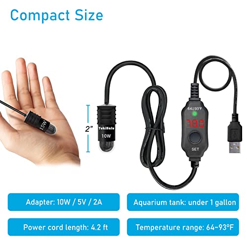 YukiHalu USB Powered Aquarium Heater, 10W Adjustable Mini Fish Tank Heater with External Temperature Controller, LED Display, Used for 0.5-1 Gallon Tank (10W USB Adapter) - size: 10 Watts (USB + adapter)