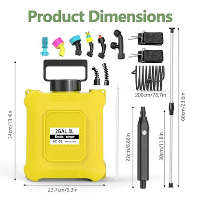 Upgraded 2-Gallon Battery Sprayer Used for Fertilizer, Pesticides, Weeds & Pests, – USB Charging, 6 Nozzles, 2 Speeds, Retractable Wand, Adjustable Shoulder Strap (Yellow) - color: Yellow