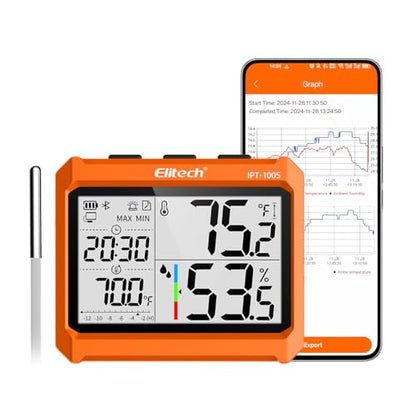Elitech Digital Bluetooth Hygrometer Thermometer, Refrigerator Thermometer with Free APP, Real-Time Temperature Humidity Monitor with 4.5" Screen, PDF&CSV Data Export, IPT-100S with External Probe