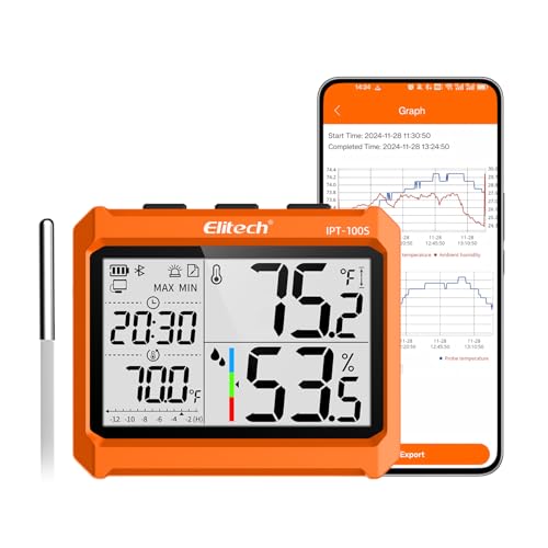 Elitech Digital Bluetooth Hygrometer Thermometer, Refrigerator Thermometer with Free APP, Real-Time Temperature Humidity Monitor with 4.5" Screen, PDF&CSV Data Export, IPT-100S with External Probe