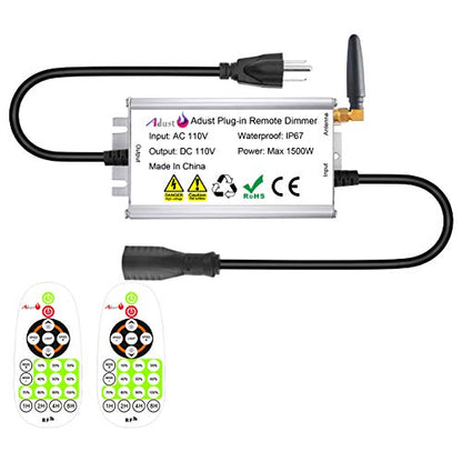 Outdoor Dimmer for String Lights 1500W, IP67 Waterproof/150FT Range/Timer Control/3 Prong Outlet for Outdoor LED String Lights & Incandescent Bulbs, Wireless RF Remote Plug-in Dimmer Switch