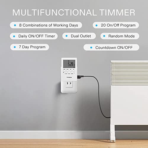 VIVOSUN Digital Timer Outlet 7 Day Programmable Digital Outlet Timer with 2 Independent Outlets 3 Prong, 20 on/Off Programs Groups, Countdown Setting, Indoor for Light Lamp, Fan（1Pack）