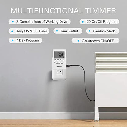 VIVOSUN Digital Timer Outlet 7 Day Programmable Digital Outlet Timer with 2 Independent Outlets 3 Prong, 20 on/Off Programs Groups, Countdown Setting, Indoor for Light Lamp, Fan（1Pack）