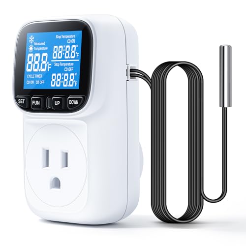 Plug in Thermostat Temperature Controlled, Heavy Duty 15A/1800W Thermostat Outlet Plug with LCD Display,-40°F~210°F Range & 0.1°F Accuracy for Aquarium Greenhouse Incubator