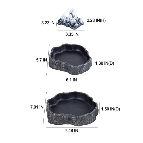2 Pack Large Reptile Food Bowl and Water Bowl Set, Drowning Prevention Reptile Water Dish and Food Dish with Simulated Rockery, Terrarium Decoration Bowls