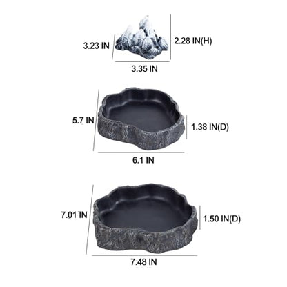 2 Pack Large Reptile Food Bowl and Water Bowl Set, Drowning Prevention Reptile Water Dish and Food Dish with Simulated Rockery, Terrarium Decoration Bowls