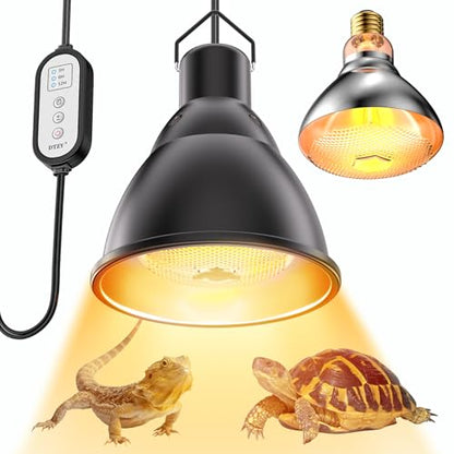 Reptile Heat Lamp,7inch Deep Dome Reptile Light Fixture with 3/6/12 Timer,Infrared Reptile Heat Lamp Max 150W Blub, for Turtle Bearded Dragon Lizards Snake, 1PCS 150W Bulb Included