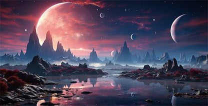 36X18IN Cosmic Spaceterrarium Background, Cool Parallel Space Themed Aquarium Reptile Habitat Background, Red Moon Aquarium Background with 10EVA Double-Sided Tape - color: space01, size: 36X18in/90X45cm