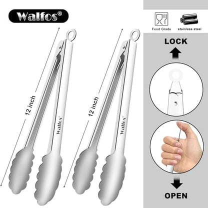 Walfos tongs for cooking, All Metal Kitchen Tongs 600℉ Heat Resistant, Heavy Duty Locking Tongs 2-piece 12 Inch - color: All Metal, size: 12in+12in