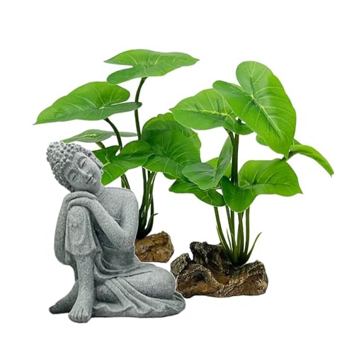Fish Tank Decor Aquarium Decorations Ornaments Betta Leaf pad Hammock 6inch Plastic Artificial Plant Goldfish Fish Hides Small Tank/Reptiles Plants Driftwood (Green-Type-a/Buddha-Set) - color: Green-type-a/Buddha-set