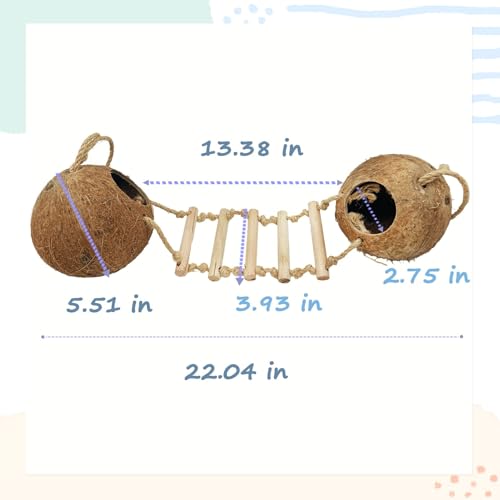 Gecko Coconut Shell Hut Reptile Hideout Home Nesting House Natural Habitat Decor with Hanging Wooden Ladder for Lizard Gecko Hermit Crab