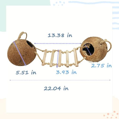 Gecko Coconut Shell Hut Reptile Hideout Home Nesting House Natural Habitat Decor with Hanging Wooden Ladder for Lizard Gecko Hermit Crab