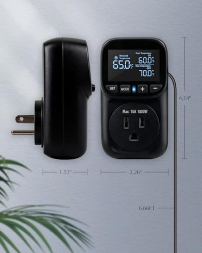 Temperature Controlled Outlet, Heavy Duty 15A 1800W Heating Cooling Thermostat Plug Outlet, -40℉~210℉ LCD Display Plug in Thermostat for Greenhouse Heater Incubator Homebrew Heat Lamp - style: Black
