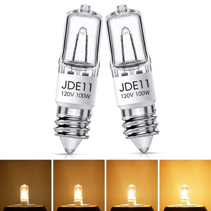 Flaspar JDE11 120V 100W, E11 Bulb, E11 Halogen Light Bulbs, T4 Mini Base Dimmable Candelabra Bulbs, 2800K Warm White Halogen Clear JDE11 Bulb for Ceiling Fan, Chandeliers, Cabinet Lighting, 2 Pack - size: 2 Pack E11 Bulb 100W