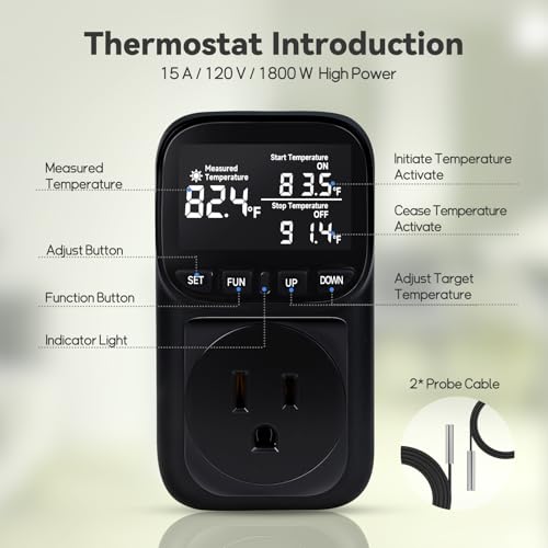 1800W Digital Thermostat for Reptile Tank, -40℉~210℉, Plug in Thermostat for Heater/Greenhouse with 5m/2m Cable, 15A Temperature Controlled Outlet with VA Display, Temp ±0.1°F, Black - style: Plug in-Black