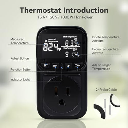 1800W Digital Thermostat for Reptile Tank, -40℉~210℉, Plug in Thermostat for Heater/Greenhouse with 5m/2m Cable, 15A Temperature Controlled Outlet with VA Display, Temp ±0.1°F, Black - style: Plug in-Black