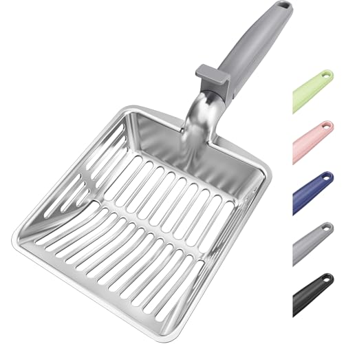 Metal Cat Litter Scoop, Large Cat Scooper with Deep Shovel & Dual Sifting Holes for Fast & Precise Sifting, Space Aluminum Kitty Litter Scooper with Long Handle & Easy-to-Hang Hook - Grey - color: Grey