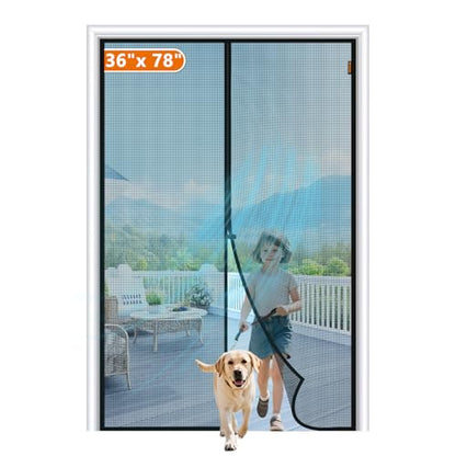 MAGZO Screen Door Mesh Fits Door Size 36" x 78", 38" x 79" Hands-Free Mesh with Magnetic Closure & Windproof Fastener, Pet Friendly Screen for French Double Entrance, Black - size: Fit Door Size 36 x 78 Inch