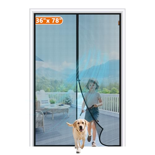 MAGZO Screen Door Mesh Fits Door Size 36" x 78", 38" x 79" Hands-Free Mesh with Magnetic Closure & Windproof Fastener, Pet Friendly Screen for French Double Entrance, Black - size: Fit Door Size 36 x 78 Inch