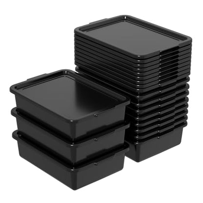12 Pack Commercial Bus Tub, 13 Liter Plastic Bus Trays with Lids, Black