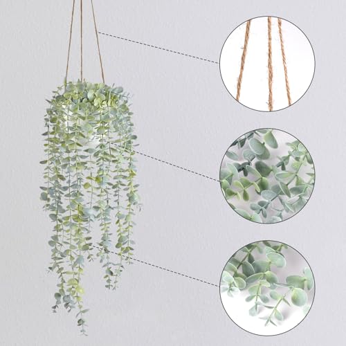 Decorative Hanging Plants for Shelf, Faux Ivy Eucalyptus Vine, Fake Greenery in White Pot with Lanyard (Full, Large Pot) - size: Large