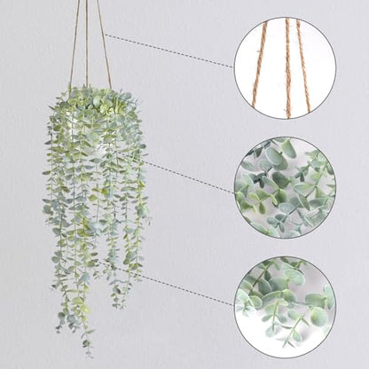 Decorative Hanging Plants for Shelf, Faux Ivy Eucalyptus Vine, Fake Greenery in White Pot with Lanyard (Full, Large Pot) - size: Large