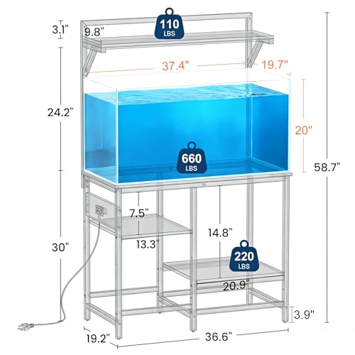 40 Gallon Fish Tank Stand, Aquarium Stand with Power Outlet, Heavy-Duty Reptile Terrarium Stand Table with Top Shelf for 40 Gal Standard/Long/High, 37.4" L x 19.7" W x 30" H(Black) - size: 40 Gallon