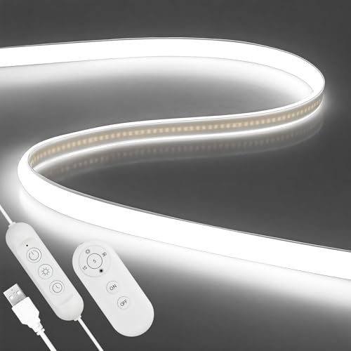ALITOVE 5V USB LED Light Strip 6000K Cool White Waterproof COB LED Strip Light 6.56ft Dimmable Flexible Neon Lights with Remote for Indoor Outdoor Office Home Improvement RV Camping Mirror Lighting - color: 6000K Cool White, size: 2M