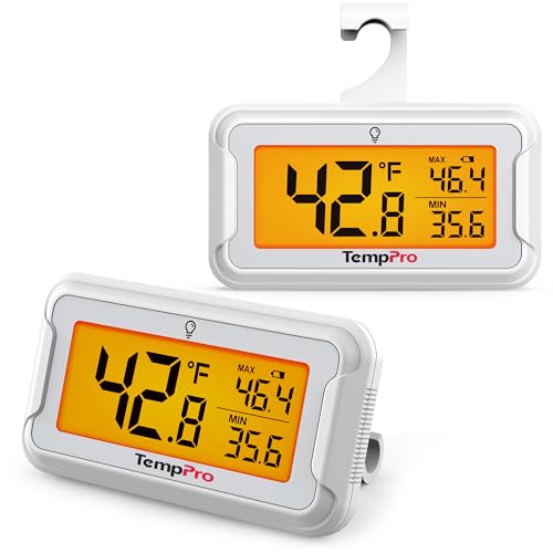 TempPro Refrigerator Thermometer 2 Pack with Large Backlit LCD Display, Waterproof Freezer Fridge Thermometer with Max/Min Record, Easy Battery Replacement for Room, Cooler (Previously ThermoPro) - size: Digital Fridge Thermometer