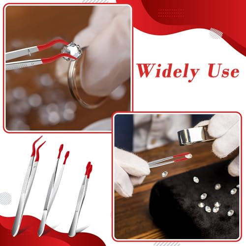 3PCS Tip Tweezers, Silicone Rubber Flat Tipped Tweezers Bent Tip for Jewelry Coin Stamp (Red) - color: Red