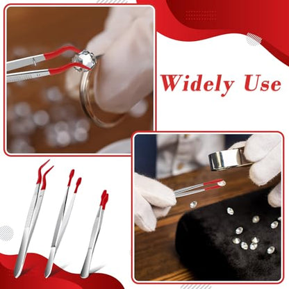 3PCS Tip Tweezers, Silicone Rubber Flat Tipped Tweezers Bent Tip for Jewelry Coin Stamp (Red) - color: Red