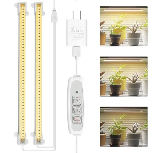 Mosthink LED Plant Grow Light Strips Full Spectrum for Indoor Plants with Auto ON/Off Timer, 48 LEDs / 4 Dimmable Levels, Sunlike Grow Lamp for Hydroponics Succulent, 2 Pack - color: White, size: 2 Packs