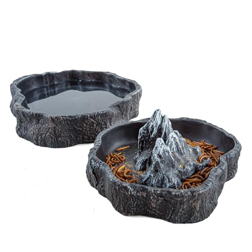 2 Pack Large Reptile Food Bowl and Water Bowl Set, Drowning Prevention Reptile Water Dish and Food Dish with Simulated Rockery, Terrarium Decoration Bowls