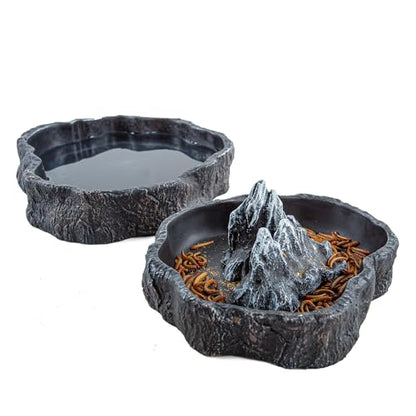 2 Pack Large Reptile Food Bowl and Water Bowl Set, Drowning Prevention Reptile Water Dish and Food Dish with Simulated Rockery, Terrarium Decoration Bowls