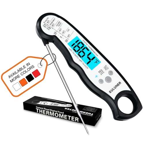 KULUNER Instant Read Food Thermometer, White Waterproof Digital Meat Thermometer with 4.6" Folding Probe, Backlight & Calibration, 2-3s Fast Reading for Kitchen Baking Grilling Cooking - White - color: White