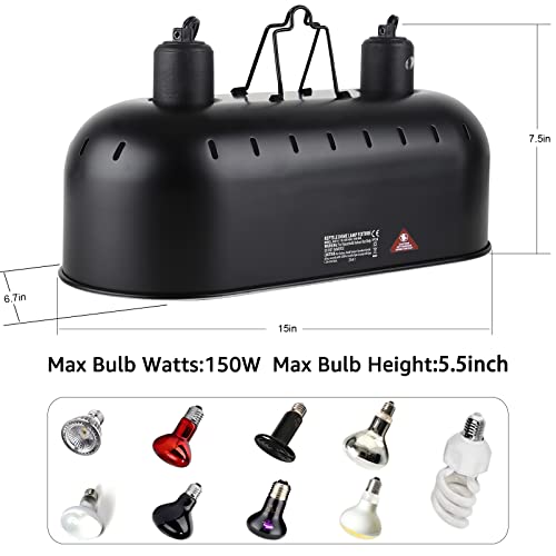 DXOPHIEX 15inch Dual Reptile Light Fixture, Max 150W Dual Reptile Heat Lamp with Separate Switches, Double Dome Lamp UVB Light Fixture for Bearded Dragon, Turtles, Snake and Lizard Terrarium - size: 15inch with fixture only