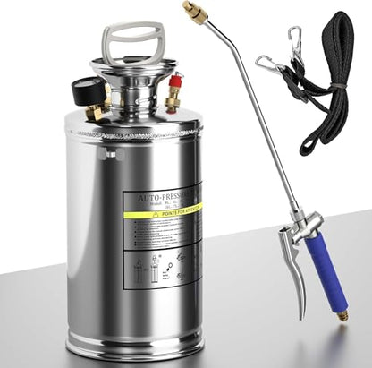 1 Gallon Hand Pump Sprayer, 304 Stainless Steel Garden Chemical Sprayer with Pressure Gauge, Adjustable Nozzle, 13" Sprayer Wand, 3.3ft Hose & Safety Valve