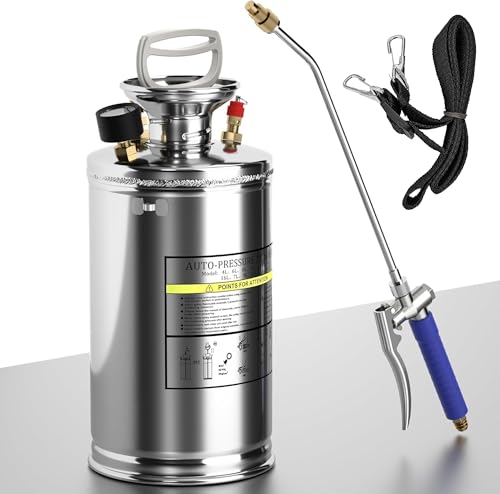 1 Gallon Hand Pump Sprayer, 304 Stainless Steel Garden Chemical Sprayer with Pressure Gauge, Adjustable Nozzle, 13" Sprayer Wand, 3.3ft Hose & Safety Valve