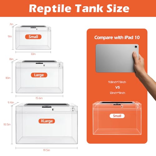 AZV Reptile Tank Starter Kit,8 Piece Escape Proof Hermit Crab Cage Large | All In One Lizard Terrarium,Multi-Vent Compatible Gecko Habitat,Clear PC Material Frog Enclosure,Easy-Clean Waterproof Base - size: Large(15.6*10*8IN)