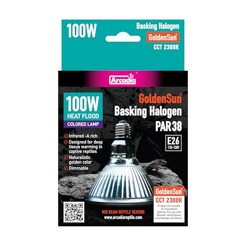 Arcadia Golden Sun Basking Halogen Lamp 100W – Mid Beam Infrared Reptile Heat Lamp Bulb for Bearded Dragons, Tortoises, Iguanas and Turtle Tanks, Long Lasting Easy to Use Indoor Heat Bulb for Reptiles