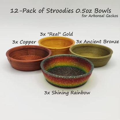 stroodies 0.5oz Crested Gecko Bowls | Multi-Color |12-pack | (Multicolor: AncientBronze, Copper, RealGold, & ShiningRainbow) - color: Multicolor: AncientBronze, Copper, RealGold, & ShiningRainbow