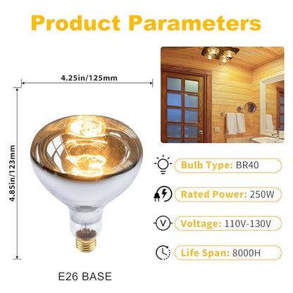 250 Watt Heat Lamp Bulbs, Clear Incandescent Heating Outdoor Light Bulb for Bathroom, Shower, Chickens, Chicks, Ceiling, Reptile, Food, Plants, Medium E26 Base - 6 Pack - size: 6 Pack