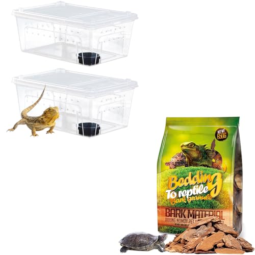 Hamiledyi 2PCS Reptile Feeding Box Snake Breeding Box Transparent Cage and Reptile Bark Bedding Tortoise Habitat Substrate Natural Terrarium Bark for Snake Spiders Bearded Dragons Hermit Crabs Geckos