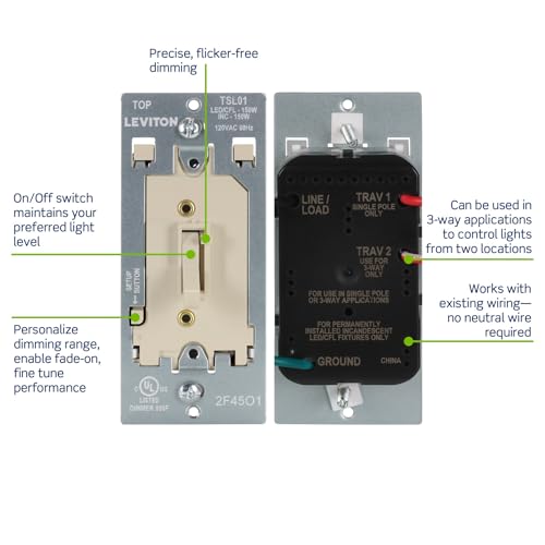 Leviton Toggle Slide LED Advanced Dimmer Switch for 150W Dimmable LED, Halogen and Incandescent Bulbs and Fixtures, TSL01-I, Ivory - color: Ivory