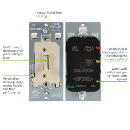 Leviton Toggle Slide LED Advanced Dimmer Switch for 150W Dimmable LED, Halogen and Incandescent Bulbs and Fixtures, TSL01-I, Ivory - color: Ivory