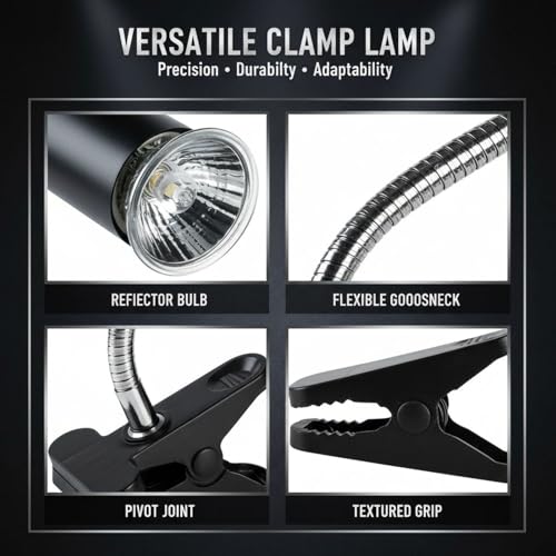 Reptile Heat Lamp, Black, with 13.8 in Flexible Gooseneck, Timed Dimming Switch, US Connector, Sturdy Plastic Clip, for Lizards, Tortoises, and Other Terrarium Animals